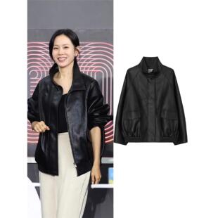 欧洲电影节孙艺珍同款黑色机车皮衣秋冬美式覆古高级感棒球服夹克