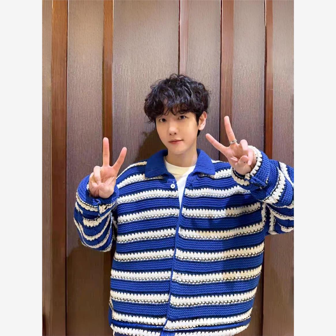 欧洲EXO边伯贤同款条纹毛衣开衫外套女韩版宽松春秋冬新款针织衫