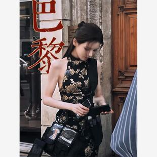 欧洲巴黎合伙人张予曦同款挂脖旗袍连衣裙复古高级感烫金收腰显瘦