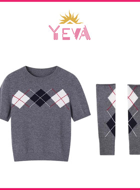 YEVA【现货】韩系少女菱格纹有袖套针织衫26春款独特别致短款毛衣