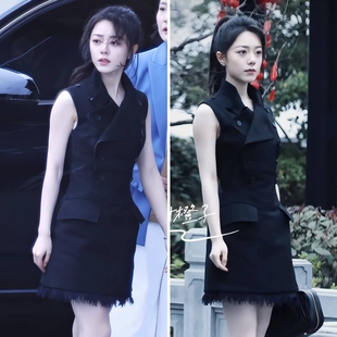 欧洲骄阳似我赵今麦聂曦光同款黑色无袖连衣裙法式收腰A字短裙小