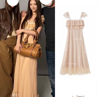 欧洲MEOVV田中杏奈anna同款蕾丝荷叶边A字收腰洋装法式1/4寸套筒