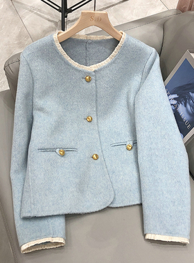 双面呢大衣女士短款高端秋冬款茧型宽松小个子圆领毛呢外套28027