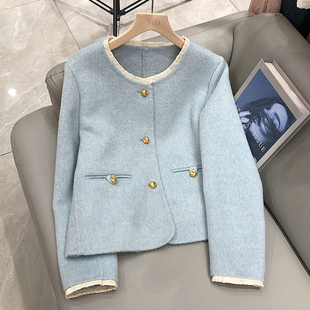 双面呢大衣女士短款高端秋冬款茧型宽松小个子圆领毛呢外套28027