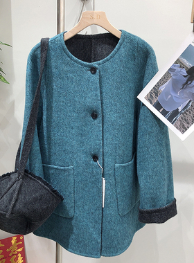 秋冬新款双面可穿的羊毛大衣女撞色圆领羊绒外套配套组合帽25318