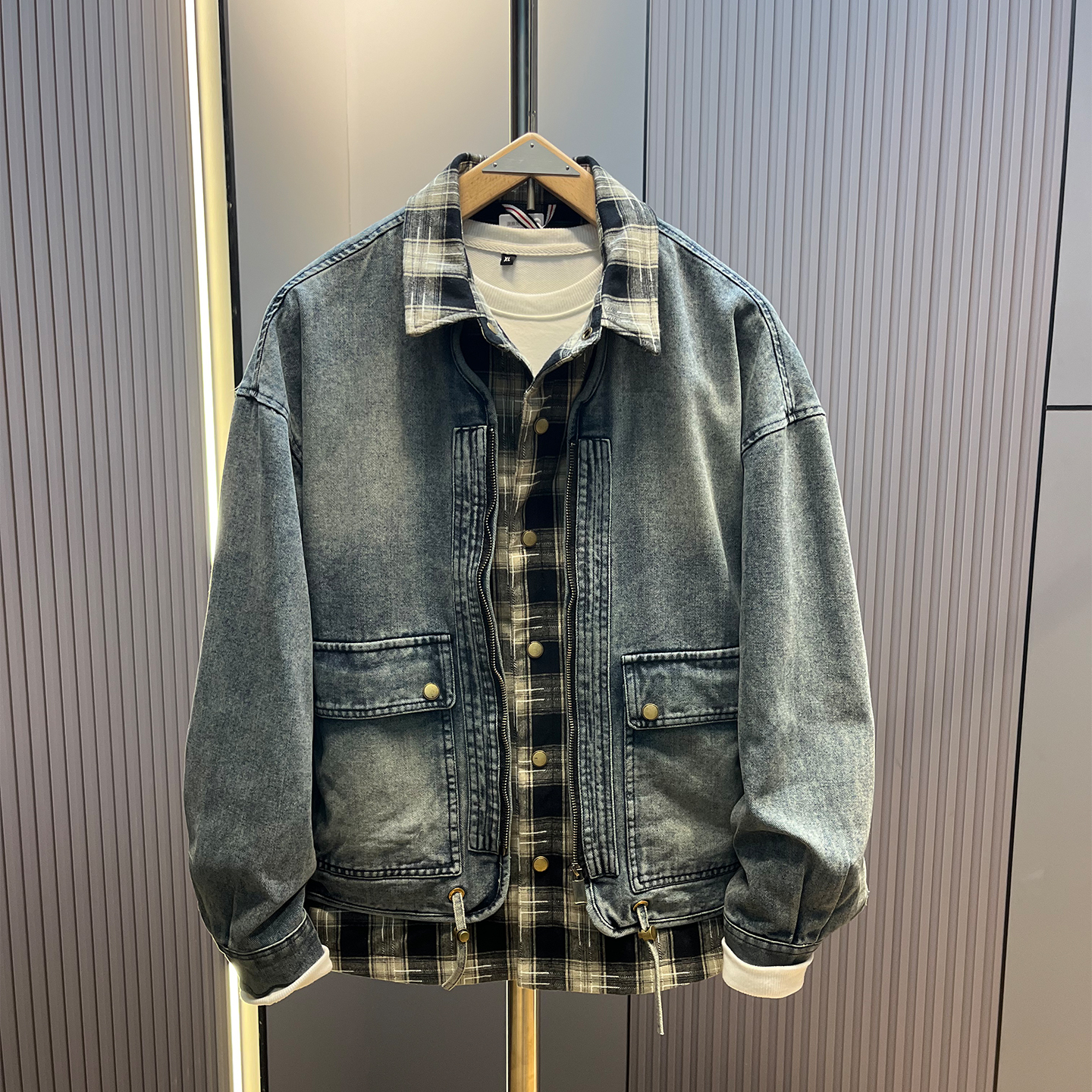 假两件牛仔外套男宽松拼接夹克男