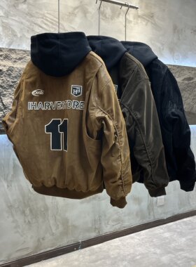 高街风可拆卸连帽PU皮棉服刺绣加厚保暖棒球领宽松夹克男女款棉衣