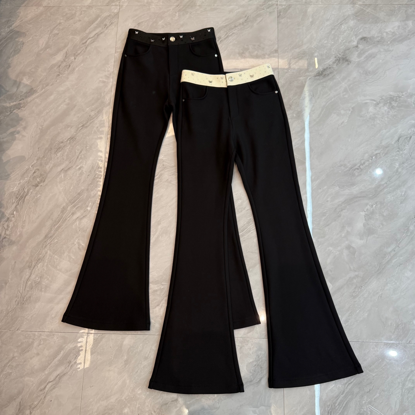 欧洲站2025秋冬新款气质蝴蝶烫钻高腰修身显瘦微喇叭加绒休闲裤女