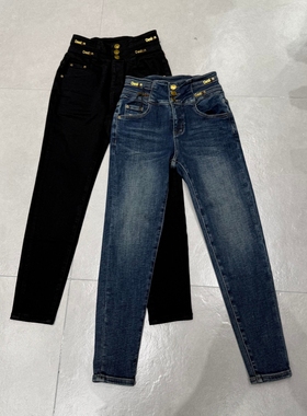 WEISU 唯速2025秋冬新款高腰排扣紧身显瘦抓毛小脚牛仔裤女52770