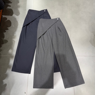 欧洲站2025冬季新款设计感不规则屁帘加绒高腰西装阔腿裤女休闲裤