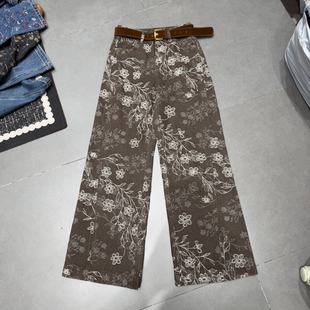 欧洲站2025秋季 新款 设计感印花高腰直筒牛仔裤 女宽松显瘦阔腿长裤