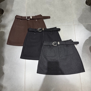 欧洲站2025秋冬新款气质高腰显瘦双口袋A字毛呢短裙百搭半身裙女