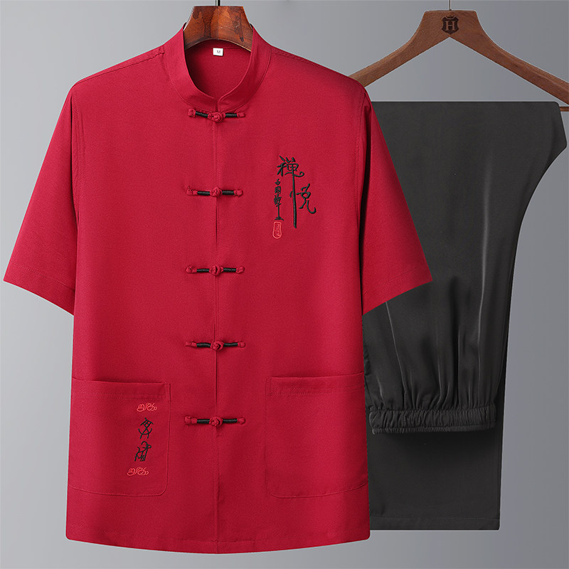T208P55汉服爷爷太极服爸爸装风棉麻套装夏季刺绣唐装居士服,男装民族服装,星座1108-2