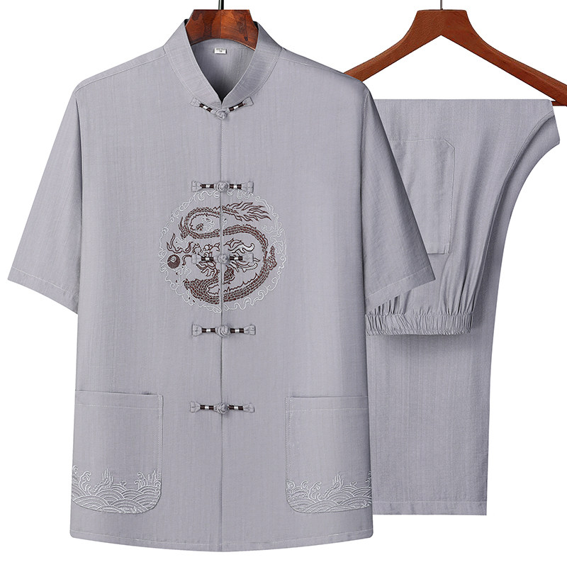 T225P85风爸爸装冰丝中老年套装唐装居士服汉服爷爷短袖衣服,男装民族服装,星座1108-2