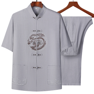 T225P85风爸爸装冰丝中老年套装唐装居士服汉服爷爷短袖衣服图片