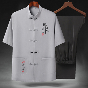 T208P55中老年太极服风棉麻套装夏季刺绣唐装居士服汉服爷爷图片