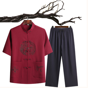 T211P40特批中老年人唐装爸爸装风刺绣夏季汉服爷爷套装图片
