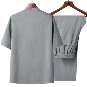 T207P85风棉麻中老年套装爸爸装唐装居士服汉服爷爷短袖衣服图片