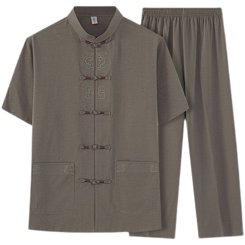 T218P42中老年冰丝唐装套装夏季短袖爸爸装汉服太极服休闲爷爷装,男装民族服装,星座1108-2