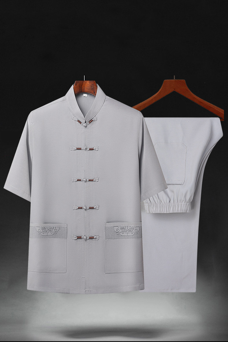 T203P42夏季短袖套装风中老年唐装套装爸爸装棉麻居士服汉服,男装民族服装,星座1108-2