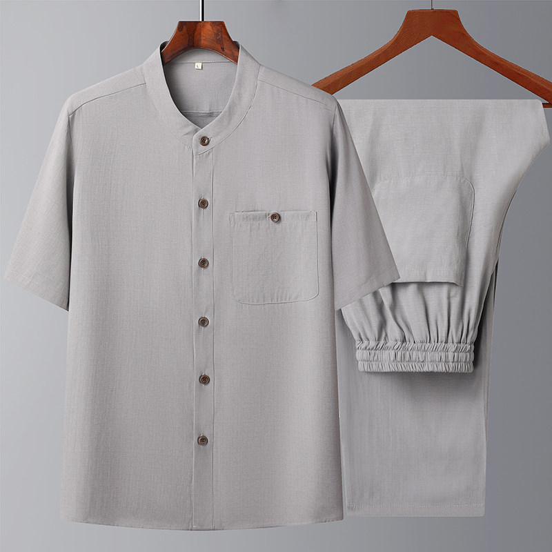 T207P85风爸爸装棉麻中老年套装唐装居士服汉服爷爷短袖衣服,男装民族服装,星座1108-2
