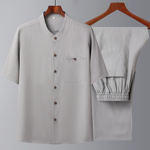 T207P85风爸爸装棉麻中老年套装唐装居士服汉服爷爷短袖衣服图片