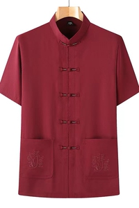 D01P30中老年唐装风盘扣汉服T恤2023新款夏季短袖衬衫爸爸装图片