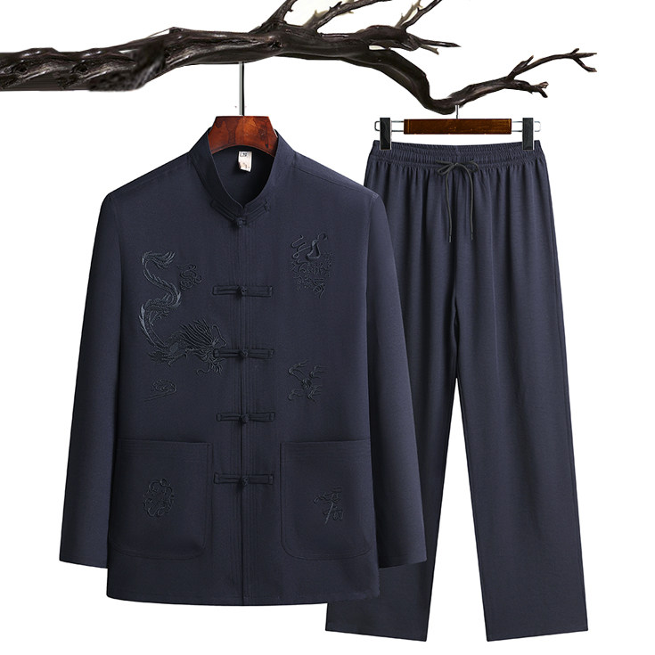 C216P48长袖爸爸装太极服秋季棉麻套装风盘扣宽松唐装爷爷装,男装民族服装,星座1108-2