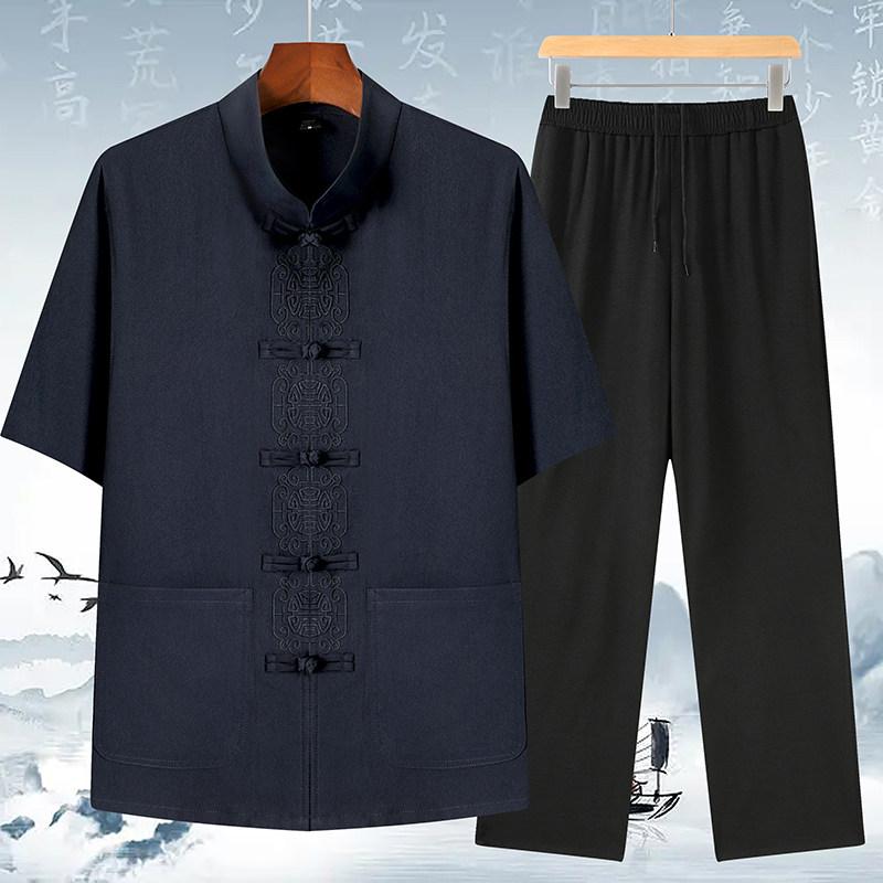 T209P42风棉麻套装刺绣x夏季唐装居士服汉服爷爷太极服爸爸装,男装民族服装,星座1108-2
