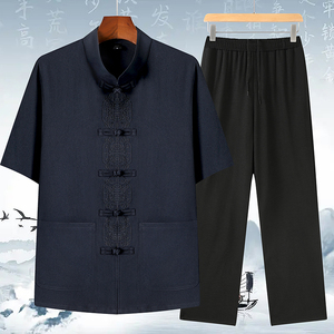 T209P42风棉麻套装刺绣x夏季唐装居士服汉服爷爷太极服爸爸装图片