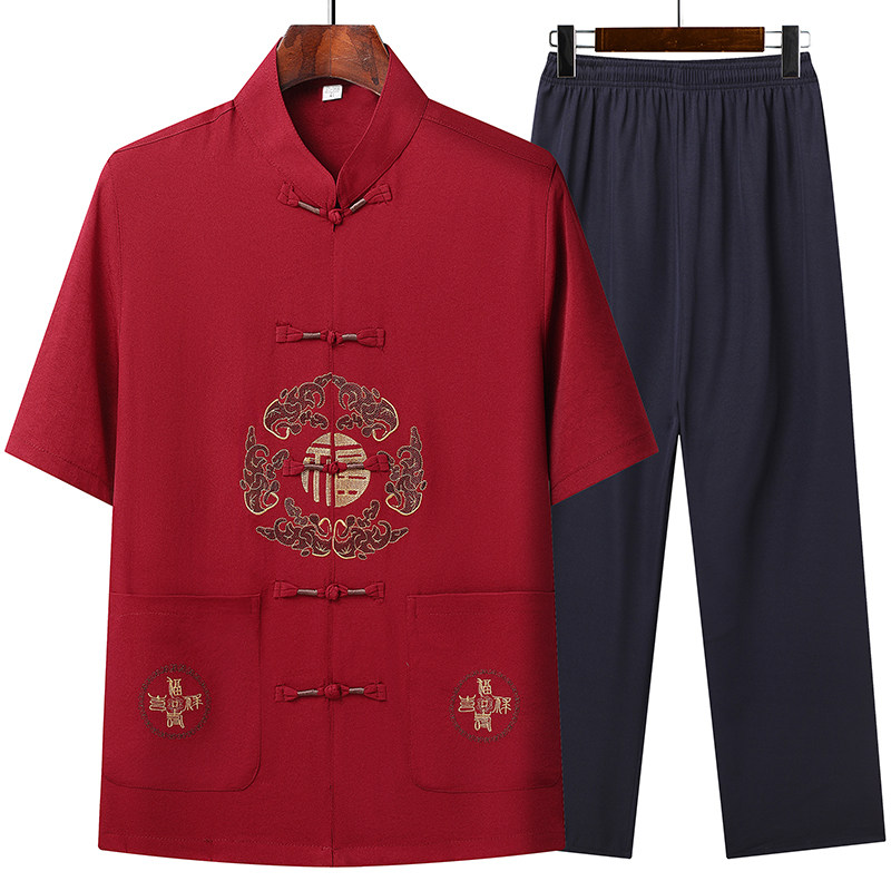 T201P42主推爷爷短袖套装中老年唐装套装爸爸装风居士服汉服,男装民族服装,星座1108-2