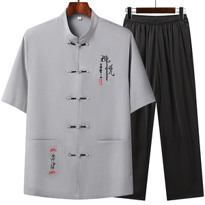 T208P55爸爸装风棉麻套装夏季刺绣唐装居士服汉服爷爷太极服图片