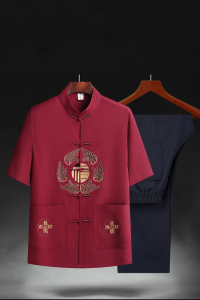 T201P40夏季爷爷短袖套装中老年唐装套装爸爸装风居士服汉服图片
