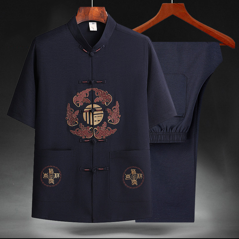 T201P40夏季爷爷短袖套装中老年唐装套装爸爸装风居士服汉服,男装民族服装,星座1108-2