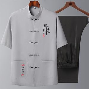 T208P55汉服爷爷太极服爸爸装风棉麻套装夏季刺绣唐装居士服图片