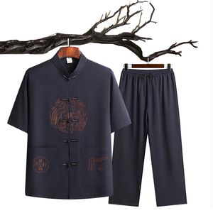 T211P40特批中老年人唐装爸爸装风刺绣夏季汉服爷爷套装
