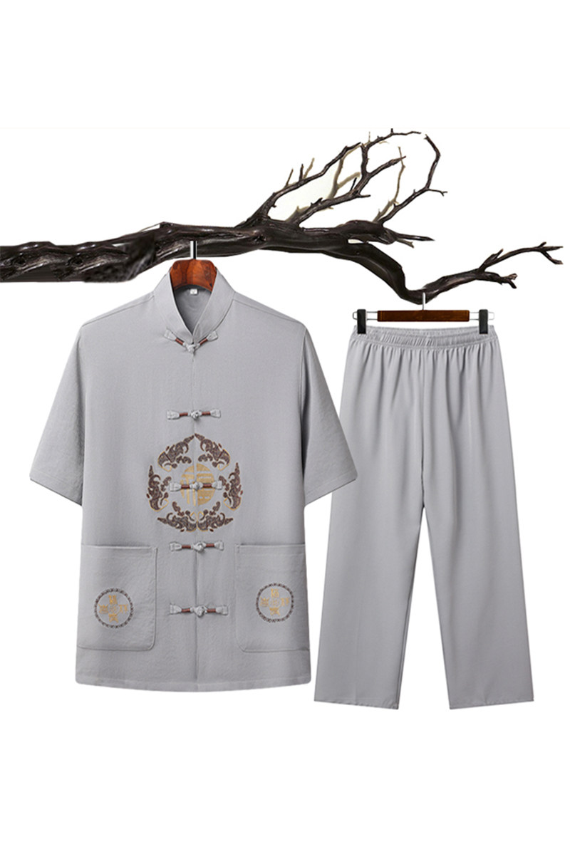 T201P42主推爷爷短袖套装中老年唐装套装爸爸装风居士服汉服,男装民族服装,星座1108-2