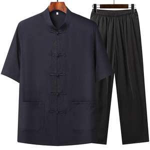T209P42夏季风棉麻套装刺绣唐装居士服汉服爷爷太极服爸爸装图片