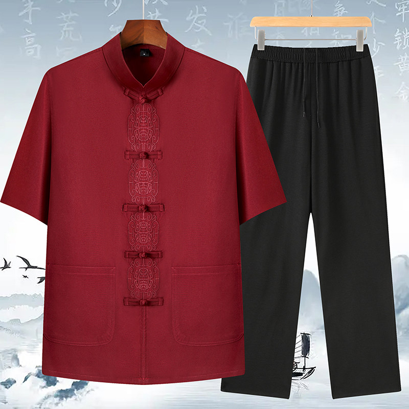 T209P42风棉麻套装刺绣x夏季唐装居士服汉服爷爷太极服爸爸装,男装民族服装,星座1108-2