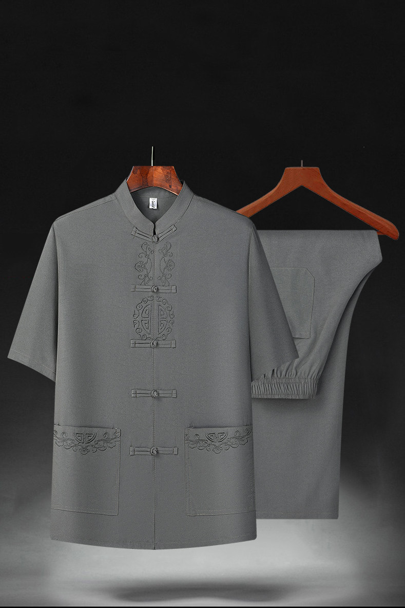 T219P42中老年冰丝唐装套装夏季短袖爸爸装太极服爷爷装两件套,男装民族服装,星座1108-2