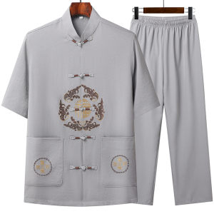 T201P42主推中老年唐装套装爸爸装风居士服汉服爷爷短袖套装图片