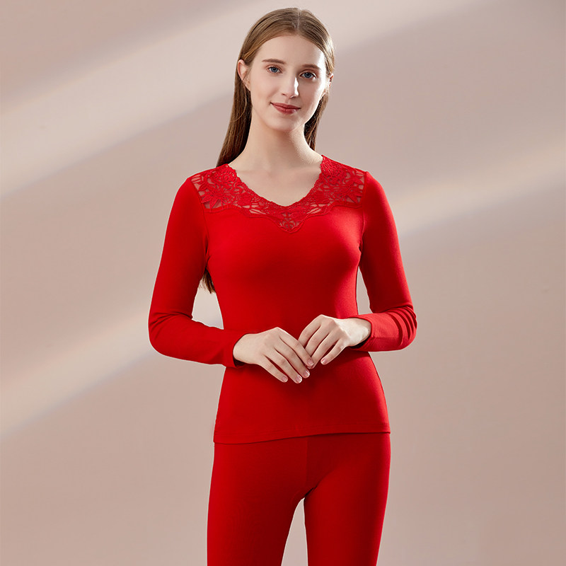 意大莱秋衣秋裤套装女莫代尔保暖内衣薄款蕾丝大红色本命年打底衫