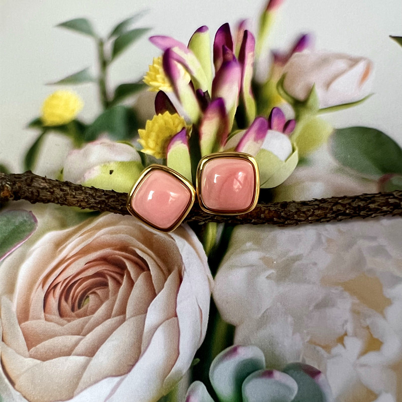 天然胭脂螺女王贝方形耳钉女耳环饰品镀金镶嵌欧美风轻奢大气时尚