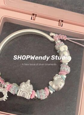 SHOPWendy |纯银9999可爱卡通kitty城堡蝴蝶结足银编绳手镯可调节