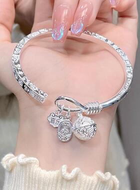 正品足银9999吉言盘缠纯银手镯平安喜乐开口实心镯子送女朋友礼物