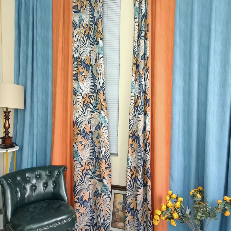 新款美式轻奢田园乡村大花复古蓝色橙色拼接窗帘客厅房间落地遮光