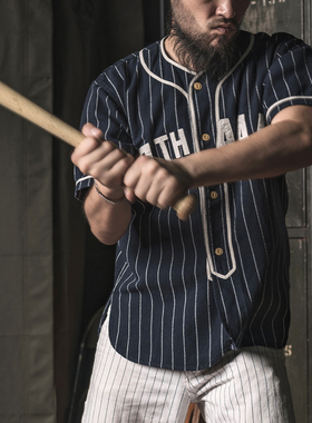 恶犬BRONSON 旧时代大联盟短袖棒球衬衫男复古蓝色条纹棉麻衬衣