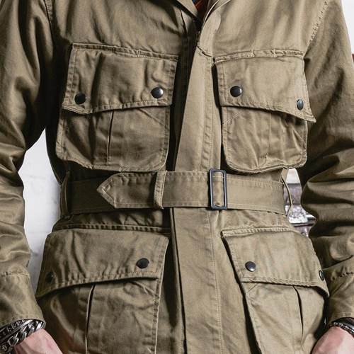 伞兵翻领秋冬中长夹克卡其斜纹布