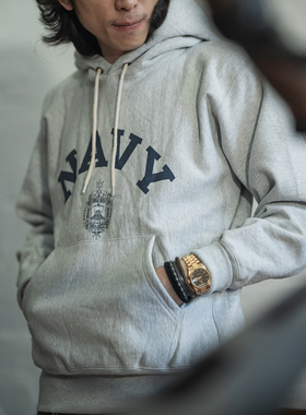 恶犬BRONSON NAVY 预科生 浅灰色重磅连帽卫衣 横纹纯棉毛圈帽衫