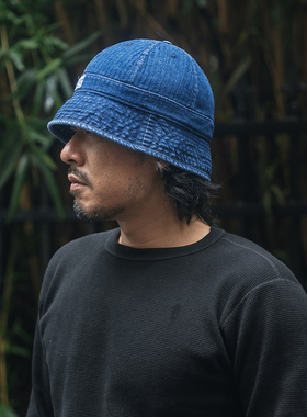 NON STOCK牛仔布鱼骨人字纹HBT洗水渔夫帽 蓝色圆顶钓鱼盆帽